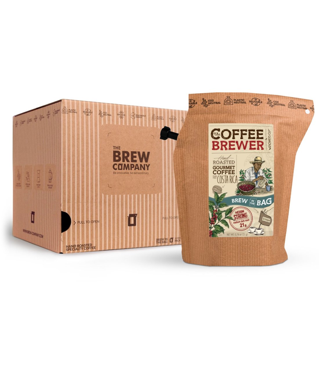 Kava Coffeebrewer - Costa Rica (Medium / Strong), Fairtrade & Organic, 12 pakelių dėžė (24 puodeliai kavos)