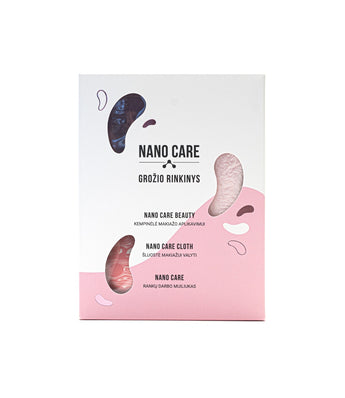 Grožio rinkinys makiažui Nano Care (padengimo kempinėlė, šluosė valymui ir rankų darbo muiliukas priežiūrai)